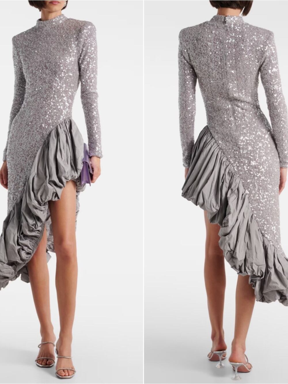 ROTATE Sequin Embellished Long Sleeve Asymmetric Ruffle Silver Midi Dress Sz 0